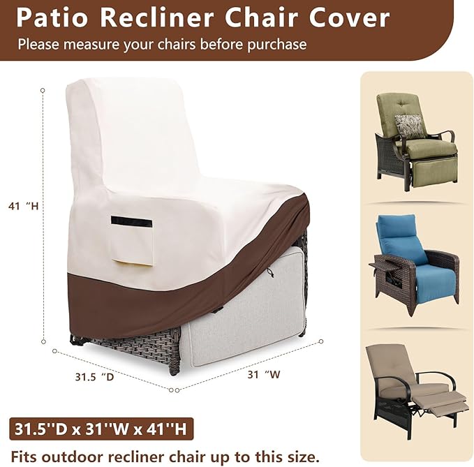 Outdoor Recliner Chair Cover,600D Heavy Duty Waterproof Patio Chair Covers,Outdoor Furniture Covers for Lawn/Garden Recliner Chiar,Beige&Brown