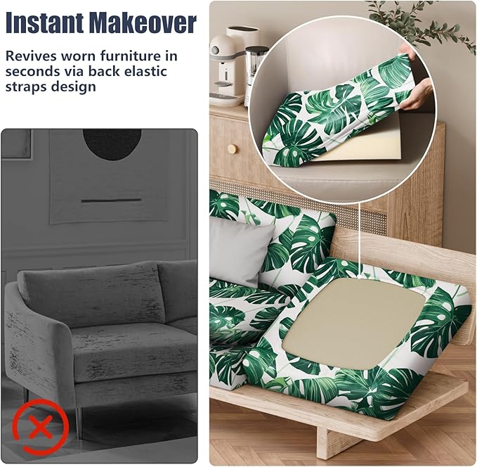 14Pcs Patio Stretch Cushion Covers, Outdoor Couch & Sofa Replacement Slipcovers for Patio Furniture Cushion Covers, Washable Reusable Furniture Protector, Square Large, Green Leaf