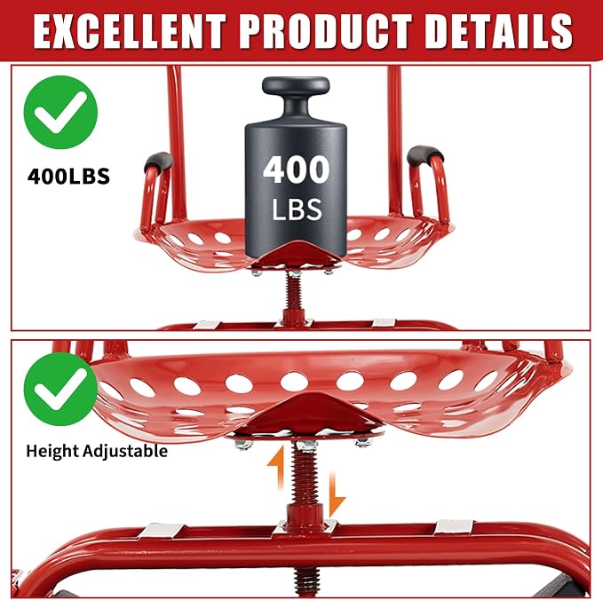 Garden Cart Rolling Workseat with Wheels, 360° Swivel Gardening Stool, Extendable Steering Handle & Utility Tool Tray, 10-Inch Inflatable Tires, Reinforced Steel Construction for Patio, Yard, Outdoor