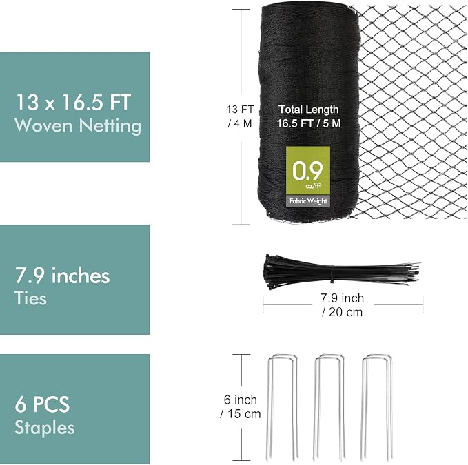 Bird Netting for Garden, Fetanten 13 x 16.5 FT Netting for Garden Protection Vegetables Fruit Trees Blueberry from Birds Deer Poultry, Heavy Duty Woven Mesh Net Animal Fencing with Ties and Staples