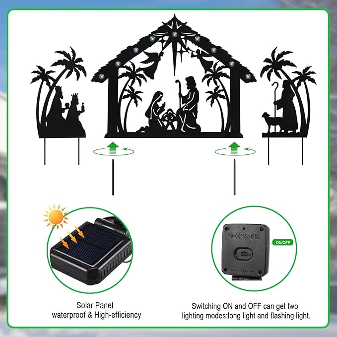 Solar Nativity Scene Outdoor,3Pack Lighted Outdoor Christmas Decorations,Metal Silhouette Nativity Set Outside for Yard Garden Stake