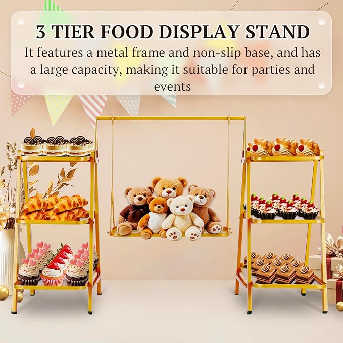 Metal 3 Tier Cupcake Stands, Large Capacity Serving Removable Tray Dessert Stands with Swing Design and Anti-slip Base, Food Display for Parties and Events, Wedding, 32.28*15.55*20.47Inch (Gold)