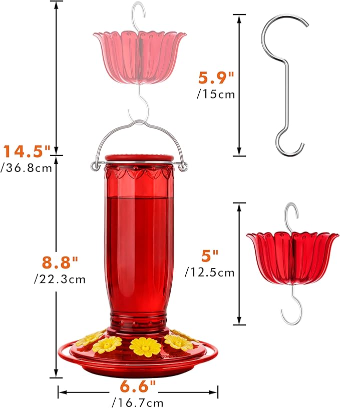 iBorn Hummingbird Feeders for Outdoors Hanging with Ant Moat for Hummingbird Feeder Glass 8 Ports for 16oz Humming Bird Nectar,Yellow Flowers Red Glass, Pack of 1