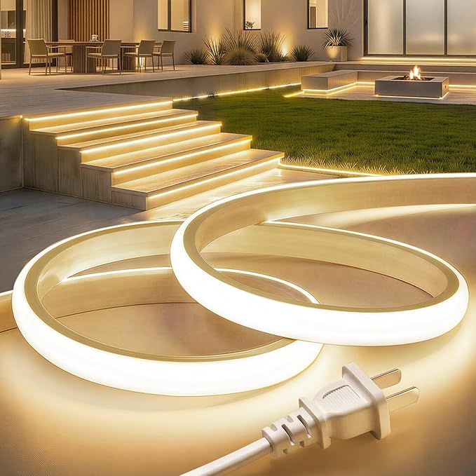 Lamomo COB LED Strip Lights 65.6Ft, Natural White Outdoor Led Rope Light, Waterproof Flexible Silicone Cuttable 4000K Neon Led Lights for Bedroom Garden Commerica Holiday Decor, CRI90+, AC 120V