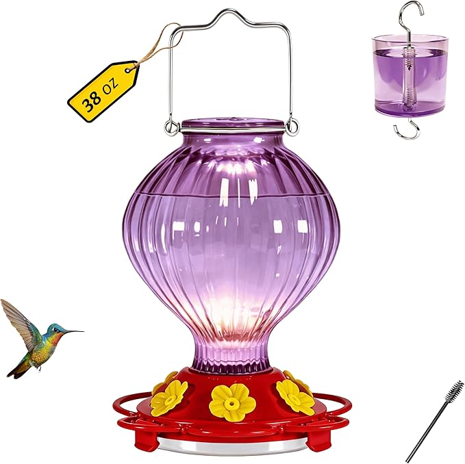Glass Hummingbird Feeder for Outdoors Hanging, 38 oz Nectar Capacity, 6 Feeding Ports, Leak-Proof Rust-Free Plastic Base, Easy to Refill & Clean, Decorative Purple Glass Bird Feeder for Garden Patio
