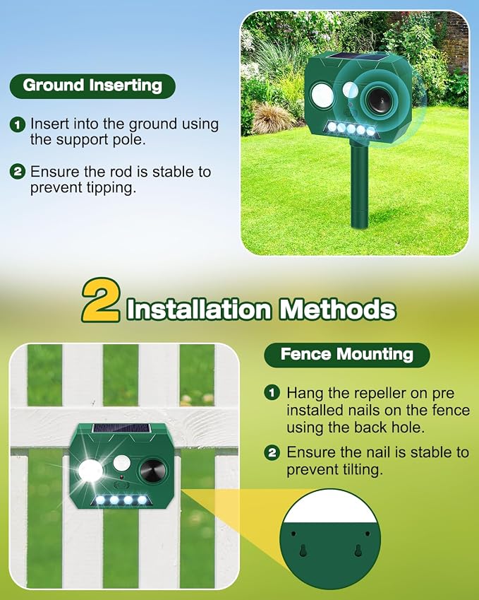 Solar Ultrasonic Animal Repellent Outdoor, 2 Pack Cat Repellent Outdoor Deer Repellent Devices with PIR Motion Sensor ＆ LED Flash, Waterproof Squirrel Repeller, Cat, Raccoons, Rabbits, Deer, Skunk