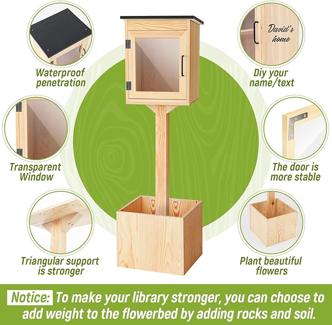Wonderjune Outdoor Little Library Kit Free Library, Weatherproof Solid Wood Book Exchange Box with Floor Plugs and Small Flower Fence for Neighborhoods Community, Literature, School(Natural Wood)