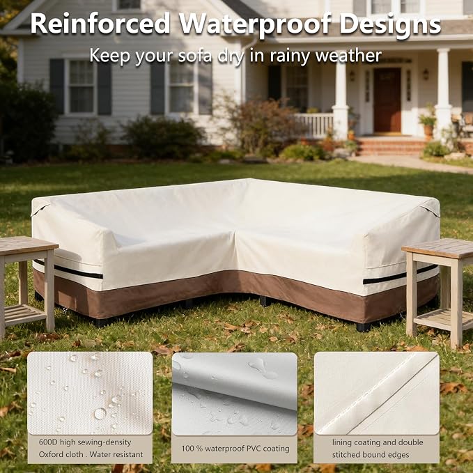 okcool Outdoor Sectional Cover,V-Shaped Patio Furniture Covers for 7-Seater Outdoor Sectional Furniture Couch（105''X105''）,Beige & Brown