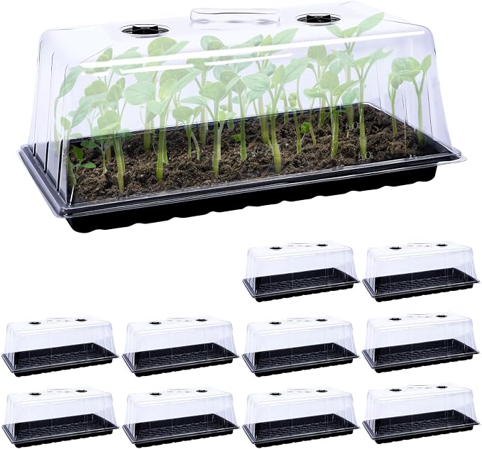 Vesici 10 Pack 1020 Plant Trays with Tall 7.87'' Humidity Domes Bulk Large Seed Tray with Handles 1020 Seed Starting Tray with Lid No Hole for Balcony Garden Seedling Planting Growing Seedling Starter