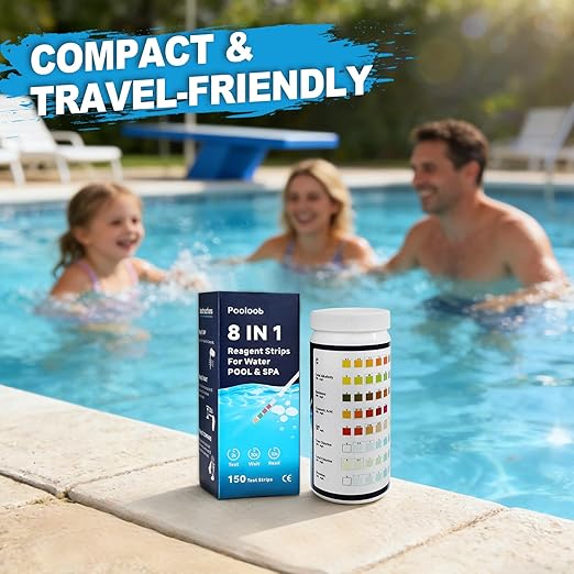 Pooloob 8-in-1 Pool and Spa Test Strips, 150 Count Water Testing Kit for Saltwater & Chlorine Pools - Tests pH, Salt, Free Chlorine, Bromine, Alkalinity, Hardness, Cyanuric Acid & Total Chlorine