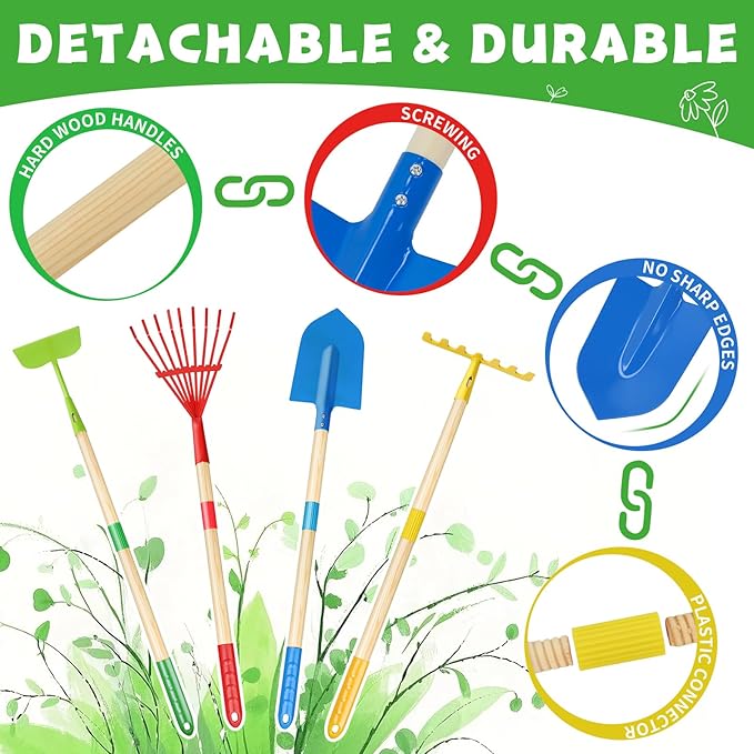Magic4U 11-Piece Kids Gardening Set with Wheelbarrow, Shovel, Rake, Hoe, Gloves & Apron - Heavy-Duty Steel Tools & Interchangeable Handles, Outdoor Yard Toys for Boys Girls Ages 3-8
