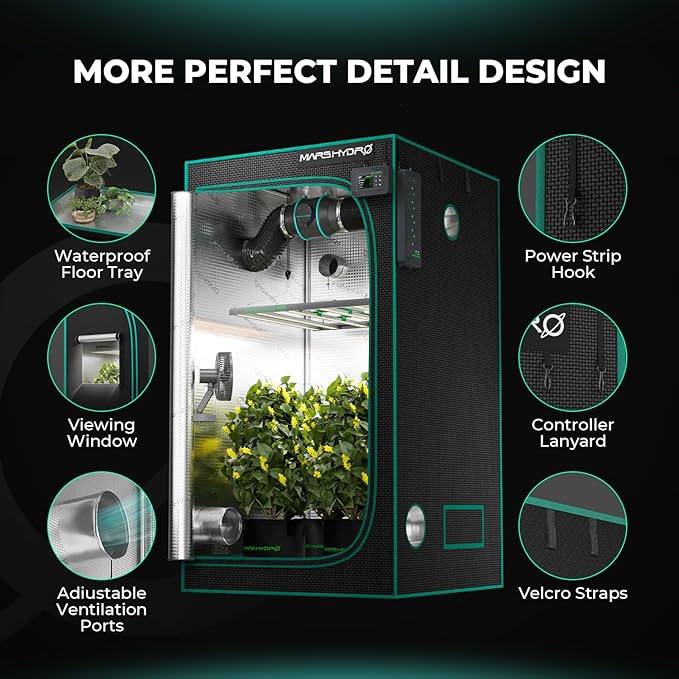 MARS HYDRO 3x1.6 Advanced Grow Tent, 36"x20"x63" High Reflective Mylar 1680D for Hydroponics Indoor Plant Growing, with Observation Window,Floor Tray and Smooth Zipper for TS600