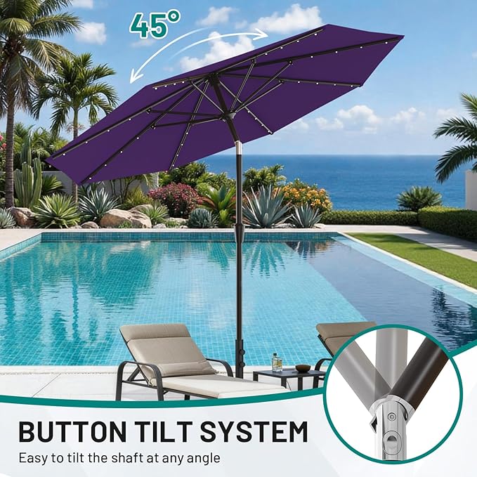 AreShark 9FT Patio Umbrella with Solar Lights, 32 Lighted Pool Umbrella w/Tilt and Crank, Outdoor Market Solar Umbrellas for Garden, Deck, Backyard, Pool and Beach, Purple