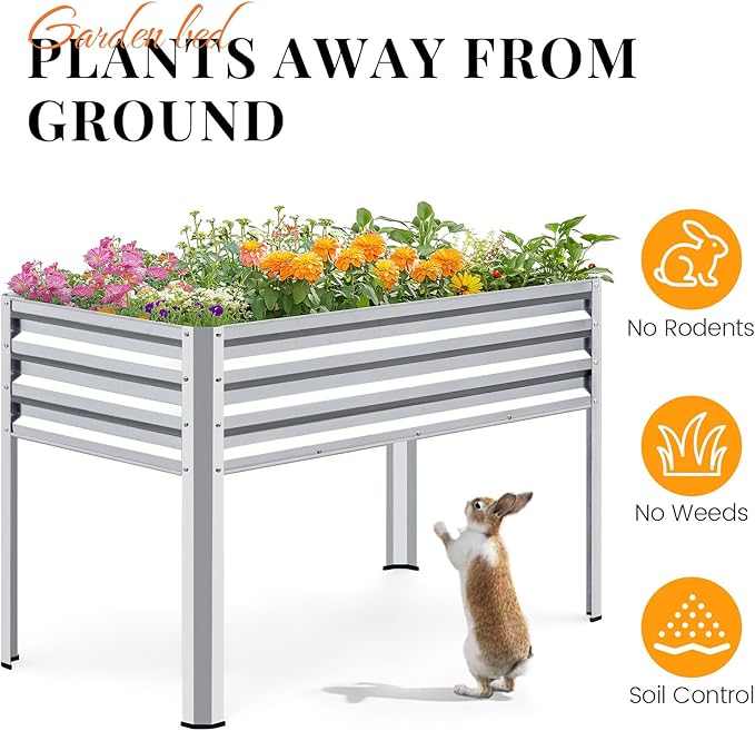 KING BIRD Large Raised Garden Bed with Legs Galvanized Elevated Planter Box 48×24×32 in for Backyard, Patio, Balcony, 400lb Capacity, Silver