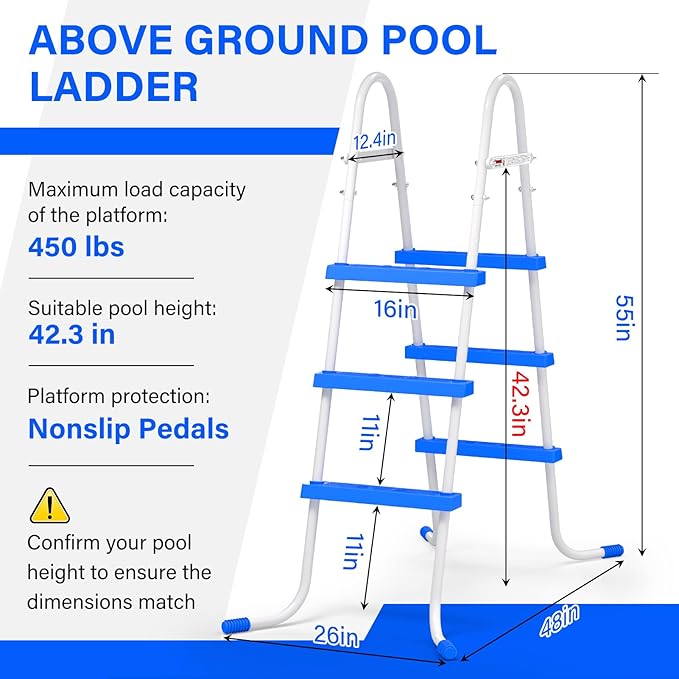 Heavy Duty Steel Frame Swimming Pool Ladder for Above Ground Pools, 3-Step Double-Sided Pool Stairs for 42" Height Pools, 450lbs Capacity with Anti-Slip Rubber Feet & Wide Steps