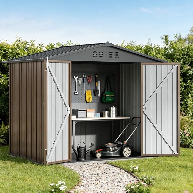 COMHOMA Shed Storage Outdoor Metal Windowed Lockable Weatherproof Ventilated Backyard Garden Utility Workshop(Brown,8'*6')
