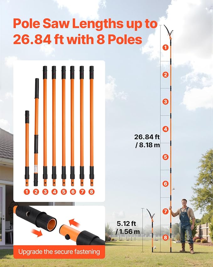 VEVOR Manual Pole Saw, 4.46-26.4 ft Extendable Tree Pruner with Scissors, Sharp 65Mn Steel Blade, Lightweight Fiberglass Handle Pole, Two Double-Hook Saws, for High Branch Trimming, Palms and Shrubs