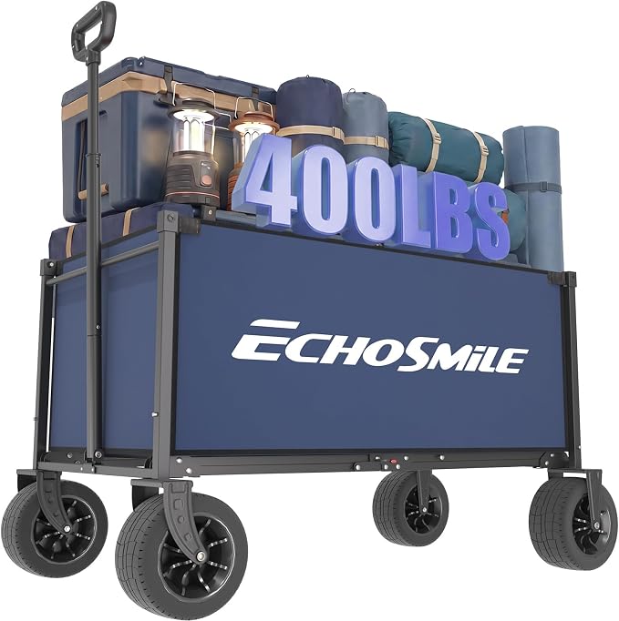 EchoSmile Collapsible Wagon Cart for Camping & Beach - Heavy Duty 400lbs Capacity All-Terrain Cart with Wide Wheels, Portable Folding Utility Wagon for Grocery, Garden, Sports,Blue&Orange
