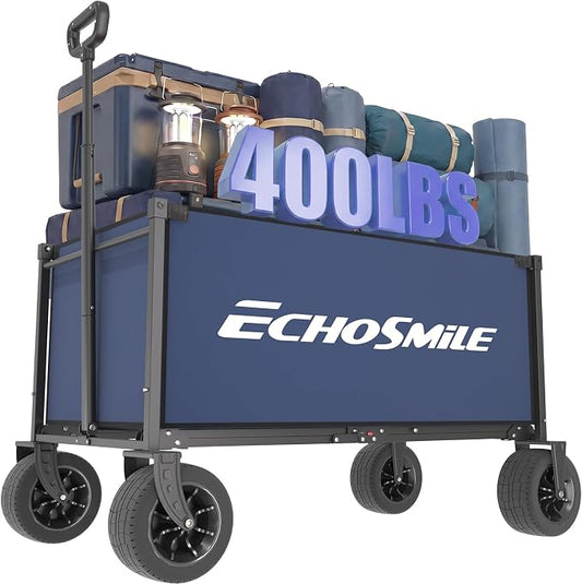 EchoSmile Collapsible Wagon Cart for Camping & Beach - Heavy Duty 400lbs Capacity All-Terrain Cart with Wide Wheels, Portable Folding Utility Wagon for Grocery, Garden, Sports,Blue&Orange