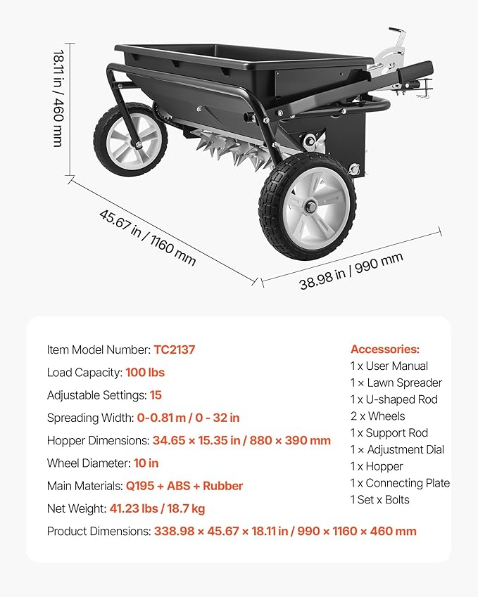 VEVOR Tow Behind Lawn Spreader with Aeration Spikes, 32 in Spreading Width, Broadcast Spreader with Universal Hitch, Garden Seeder & Soil Aerator with 100lbs Capacity & 10 in Tires for ATVs UTVs