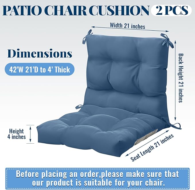 Marsui 2 Pcs Outdoor Indoor High Back Chair Cushions Patio Furniture Tufted Pillow with Ties Water-Resistant Replacement Outdoor Rocking Chair Cushions, 42 x 21 Inches (Blue Gray,Solid Color)