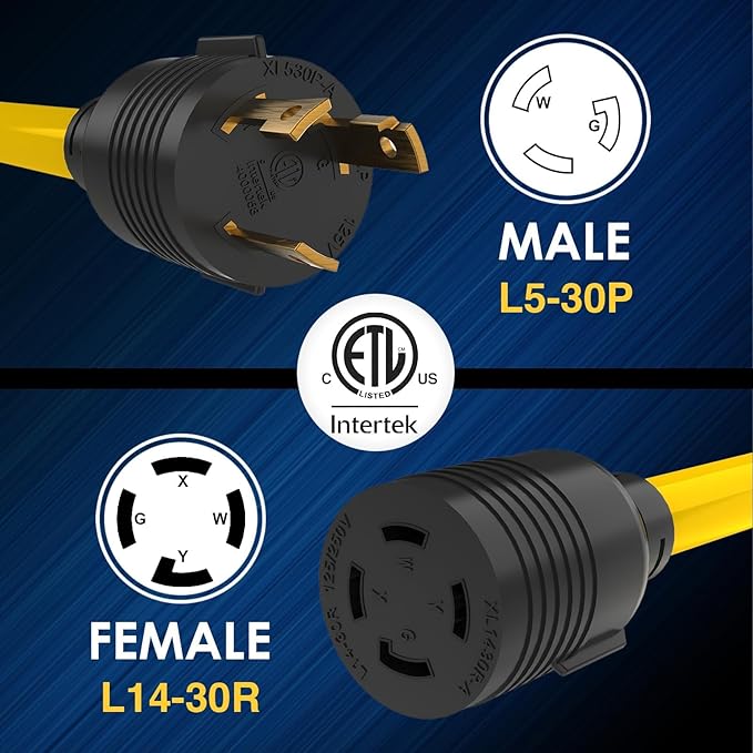 Plug and Play 30 AMP Generator Transfer Switch Adapter Cord, Heavy Duty STW 10 Gauge NEMA L5-30P Male to L14-30R Female, 3 Prong to 4 Prong Generator Adapter Plug Twist Lock to House Inlet Box