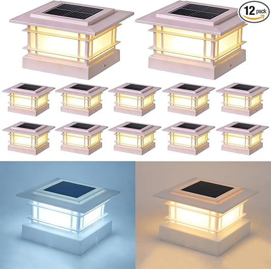 Dynaming 4x4 Solar Post Cap Lights Outdoor with 2 Color Modes, Fence Post Solar Lights White Shell Fit for Vinyl/Wooden Posts, High Brightness SMD LED Lighting Decor for Garden Deck Patio, 12 Pack