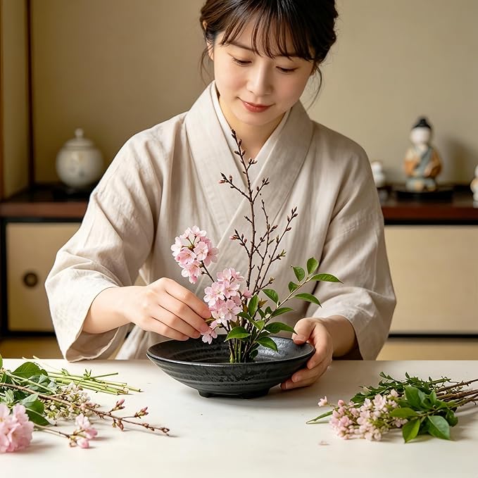 6.7inch Japanese Ikebana Vase Kit Floral Frog Bowl Flower Container with Kenzan - 1.57inch Black Flower Frog, 6.7inch Bowl Vase