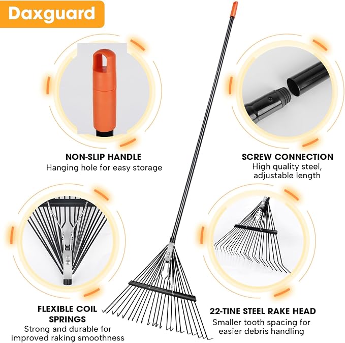 46 HRC Steel Gardening Leaf Rake, 22 Tines 22.8" Wide,Adjustable Split Long Handle 33-67",Suitable for Raking Leaves and Lawn Tidying,Garden rake and thatch rake Suitable for Adults