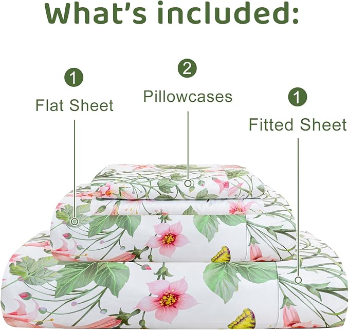 QSH 100% Egyptian Cotton Sheets Set King Size Butterfly Floral Bedding Sheets Spring Leaves Print Bed Sheets Deep Pockets Sheet 4PCs