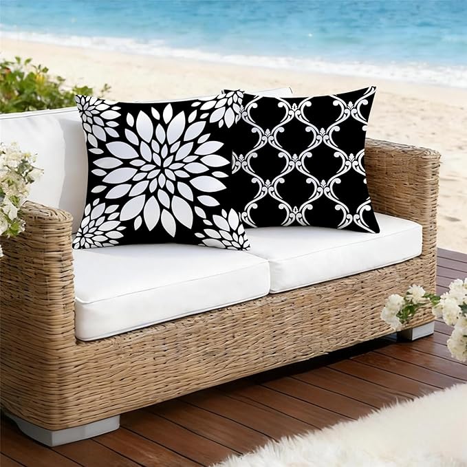 Outdoor Waterproof Throw Pillow Covers 18x18 Set of 4 Black Aesthetic Boho Decorative Cushion Cases for Patio Furniture Garden Porch Bench Couch Sunbrella
