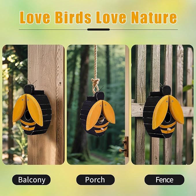 NATUREYLWL Bird Houses for Outside, Bee-Shaped Birdhouse Attracts Wild Birds (Bluebirds, Finches, Cardinals), Durable Wood Bird House with 4 cm Entrance Hole,Unique Garden Decor,Weather-Resistant