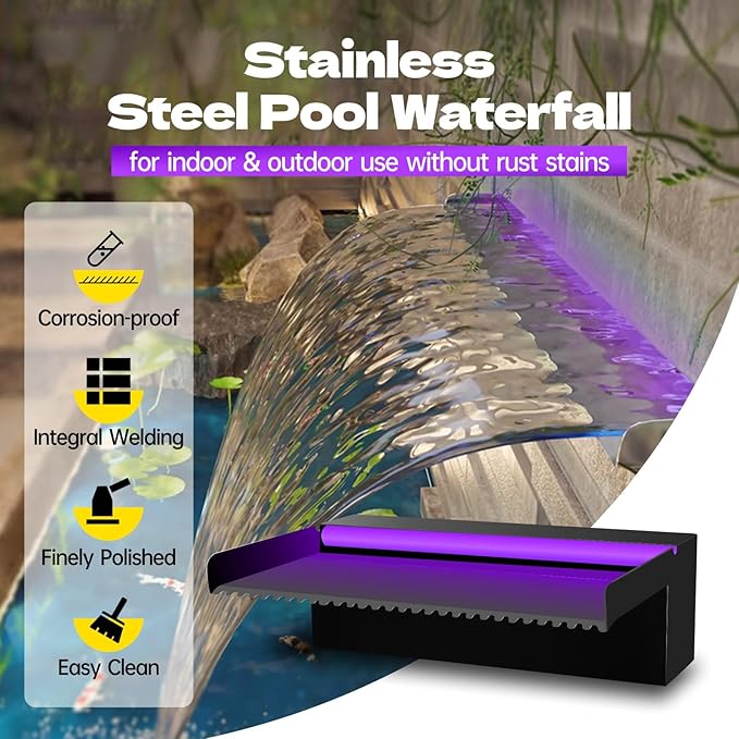 Pamopamo Pool Waterfall Spillway Stainless Steel Pond Fountain, APP Control Colorful LED Lighted Outdoor Black Fountains, Water Flow Spillways Kit for Koi Pond, Swimming Pool, Garden-23.6"x7.8"x3.9"
