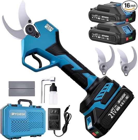 RYOJEGK 1.6" Brushless Electric Pruning Shears with 2x2.0Ah Battery | cordelss,Power Pruner Cuts,Branches up to 1.6",Brushless Motor,Safety Lock, SK5 Steel Blade for Garden Tree Pruner Branch