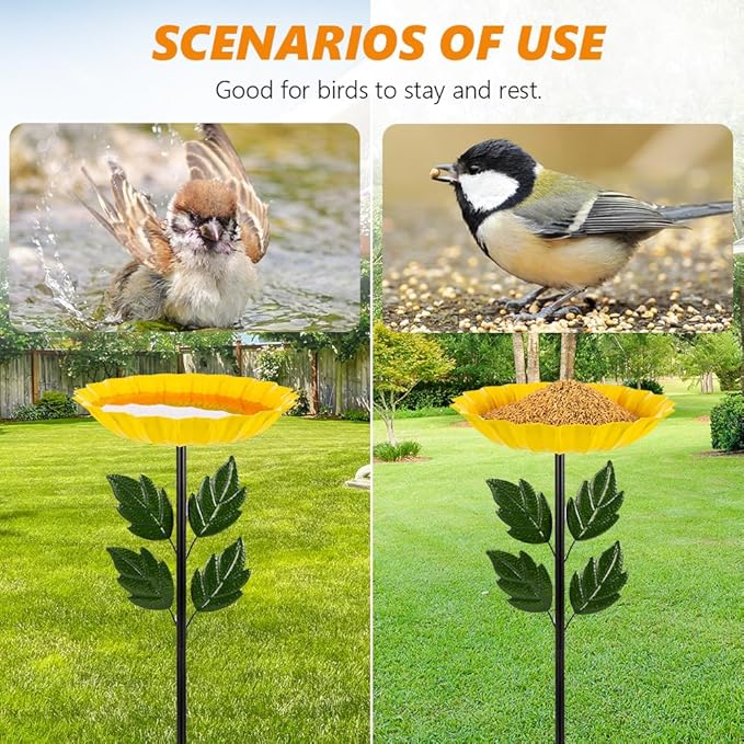 Birdbaths for Outdoors,Sunflower Bird Bath for Outside,41 Inches Flower Standing Birdbath & Birdfeeder with Metal Stake Garden Yard Lawn Decor