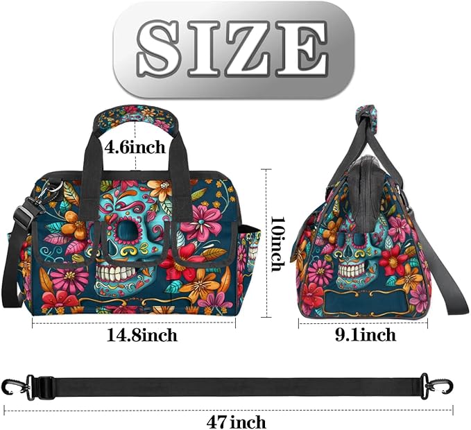 15 Inch Tool Bag 14-Pockets Tool Box Organizer for Men Flowers Skull Tool Tote Bag Waterproof Toolbox with Shoulder Strap Heavy Duty Garden Tool Organizer for Mechanic