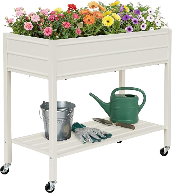 32" Tall Galvanized Raised Garden Bed with Legs Wheels & Shelf, Elevated Planter Box Outdoor for Vegetables, Herbs & Flowers, Patio & Backyard, Garden Bed with 400lb Capacity，White