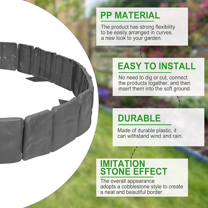 Garden Edging Border NO DIG, with Landscape Edging Anchoring Spikes, Gray Stone Effect Plastic Lawn Edging Fencing, Interlocking Yard Lawn Edging for Flower Bed | 24 Ft | 30Pcs | Gray |