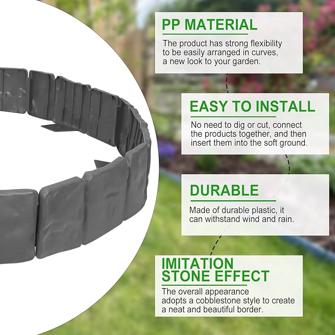 Garden Edging Border NO DIG, with Landscape Edging Anchoring Spikes, Gray Stone Effect Plastic Lawn Edging Fencing, Interlocking Yard Lawn Edging for Flower Bed | 32 Ft | 40Pcs | Gray |