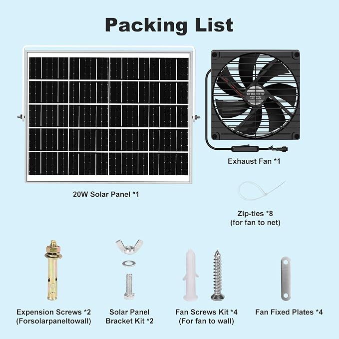 7.5" Solar Fan, Solar Powered Fans for Outside Chicken Coop & Greenhouse, Solar Exhaust or Intake Fans Outdoor Waterproof, for Doghouse Shed Air Circulation Ventilation Cooling, No Battery