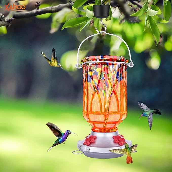 Hummingbird Feeders for Outdoors with Ant Moat, Hand Blown Glass Hummingbird Feeder, 4 Feeding Ports with Perch, Outdoor Garden Décor, 15 OZ, Orange
