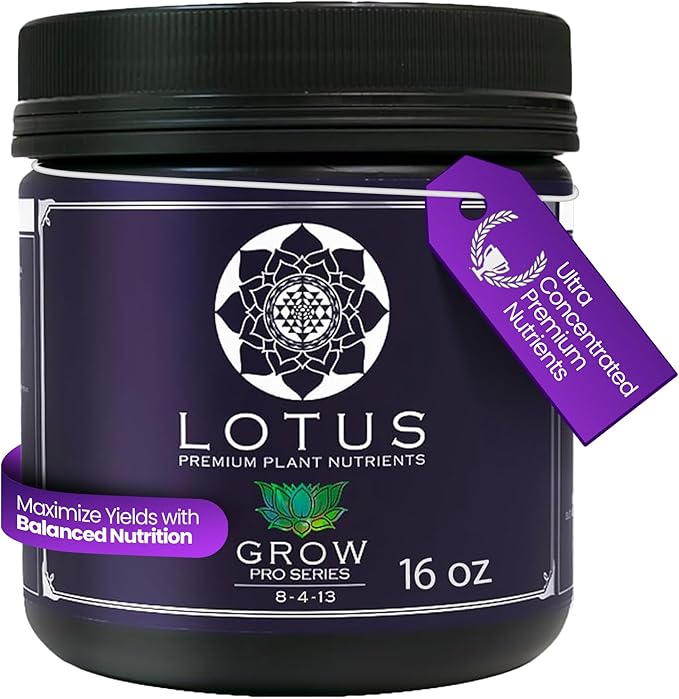 Lotus Nutrients Grow Pro Series, Water Soluble Plant Nutrient Powder, 14+ Ingredients with Chelated Micronutrients and Amino Acids, for Coco Coir, Hydroponics, Soil, Indoor and Outdoor Grows, 16oz