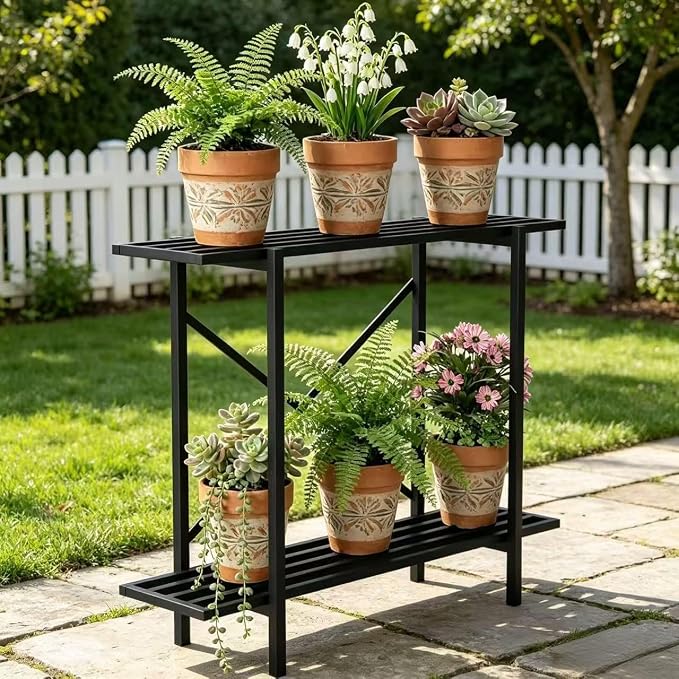 Zhongma 2 Tier Window Height Metal Sturdy Heavy Plant Stand, Narrow Plant Stand Indoor and Outdoor, L35.43 x W10.3 x H27.5 inch, 440 LBS Capacity & Heavy Duty Construction