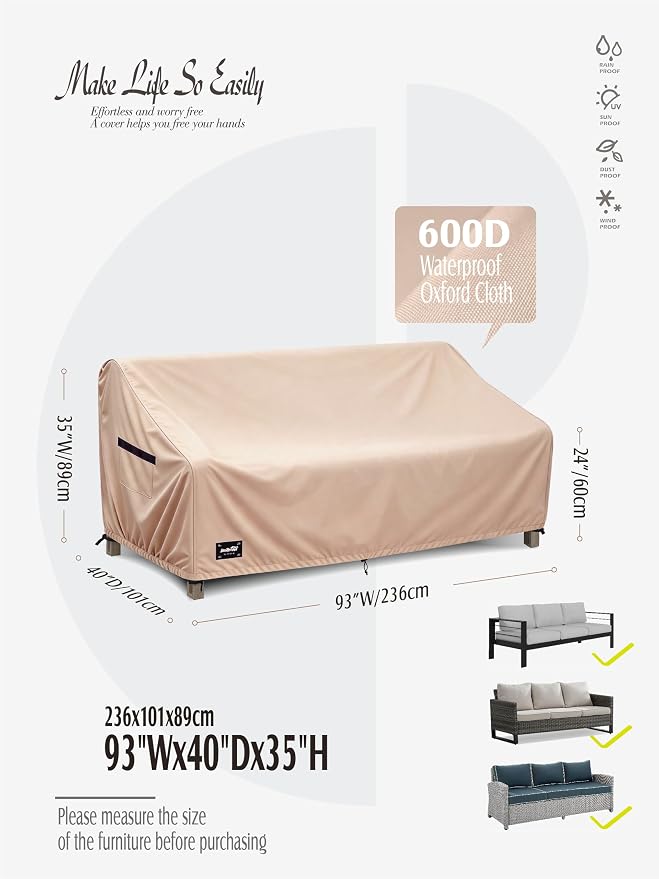 JinHrtoyi 3-Seater Outdoor Couch Cover, 93Wx40Dx35H inches Outdoor Furniture Covers Waterproof,100% Waterproof Heavy Duty Patio Furniture Covers,Light Brown Minimalism Style Outdoor Sofa Cover