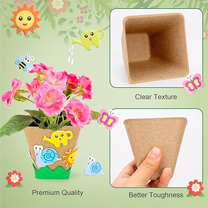 Ayfjovs Garden Paper Pot Craft Kit,15 Pack Square Paper Peat Pots with 105 PCS Adhesive Foam Stickers for Kids Science, Pre-School Craft, DIY Garden Kit, Classroom Decoration, Mother's Day