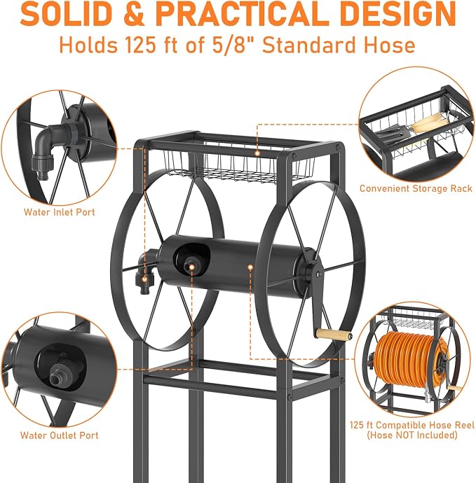 Garden Hose Reel Stand with Storage Rack - 125ft 5/8" Water Hose Organizer Holder, 4 Ground Spikes & Hooks, Universal Water Hose Adapter, Detachable Metal Frame, Black