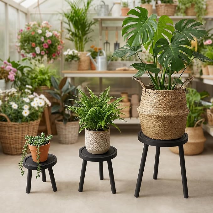 Amdermi 3-Pack4-pack Wood Plant Stands Indoor, Single Plant Stand for 6-12 Inch Pots, Mid-Century Modern Plant Stool, Tall Plant Stand for Large Plants for Living Room, Balcony, Office (3, black)