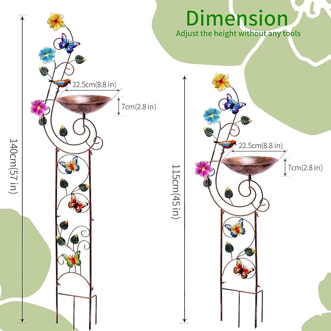 YYWMWM 57" Height Metal Bird Bath with Trellis for Outdoor, Vintage Decorative Bird Baths, Small Garden Plant Support, Antique BirdBath for Climbing Plants with Detachable Iron Bowl (Butterfly)