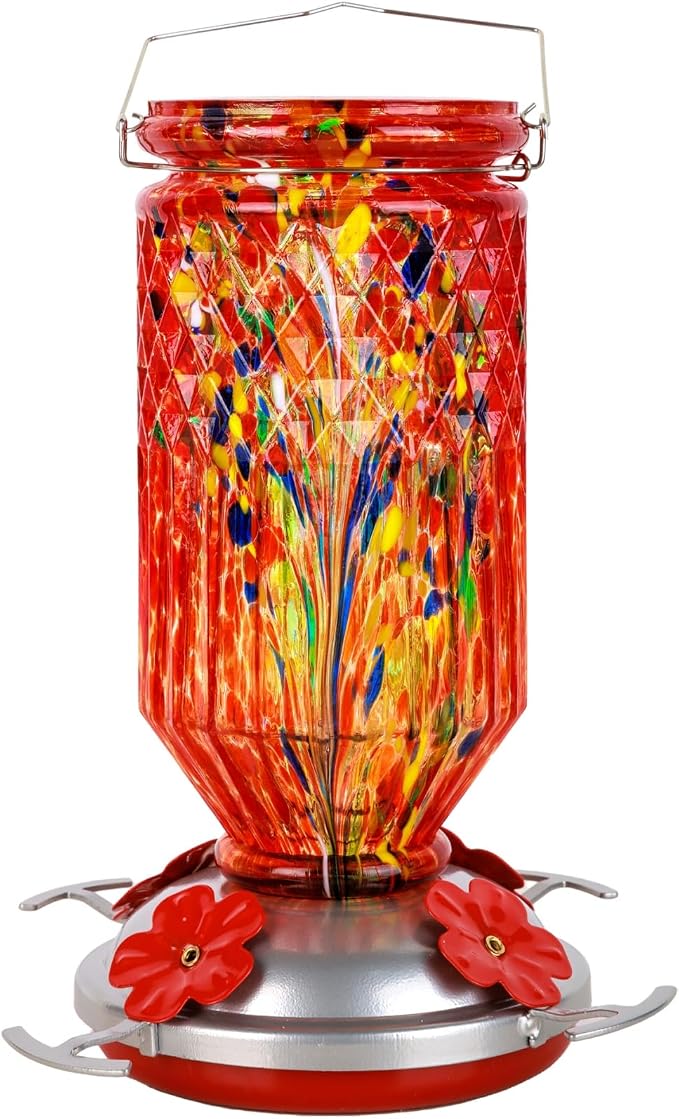Hand Blown Glass Hummingbird Feeder for Outdoors Hanging Round Chaning Color 32 OZ Large Humming Birds Feeders with Accessories Gift for Women Mom (Red)