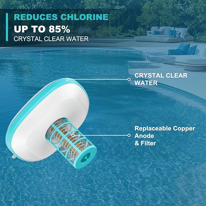 Solar Pool Ionizer for Inground and Above Ground Pools, Up to 45,000 Gal - Heavy Duty 1lb Copper Anode, Reduces Chlorine & Maintenance, Saltwater Compatible Water Clarifier, Lake Blue